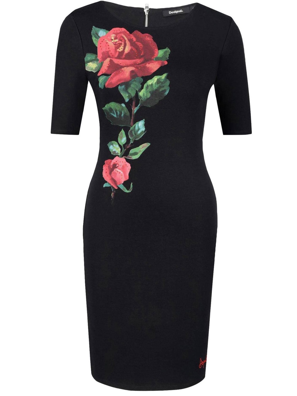 Desigual Helga Dress Black Rose-Print Sheath Dress NWT